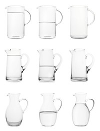 Image of Glass jugs isolated on white, collage with empty, semi filled and full