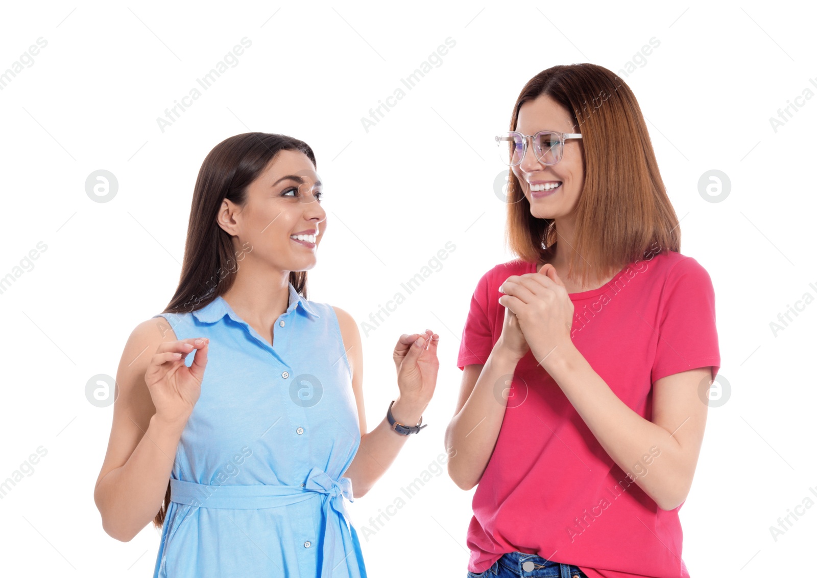 Photo of Hearing impaired friends using sign language for communication isolated on white