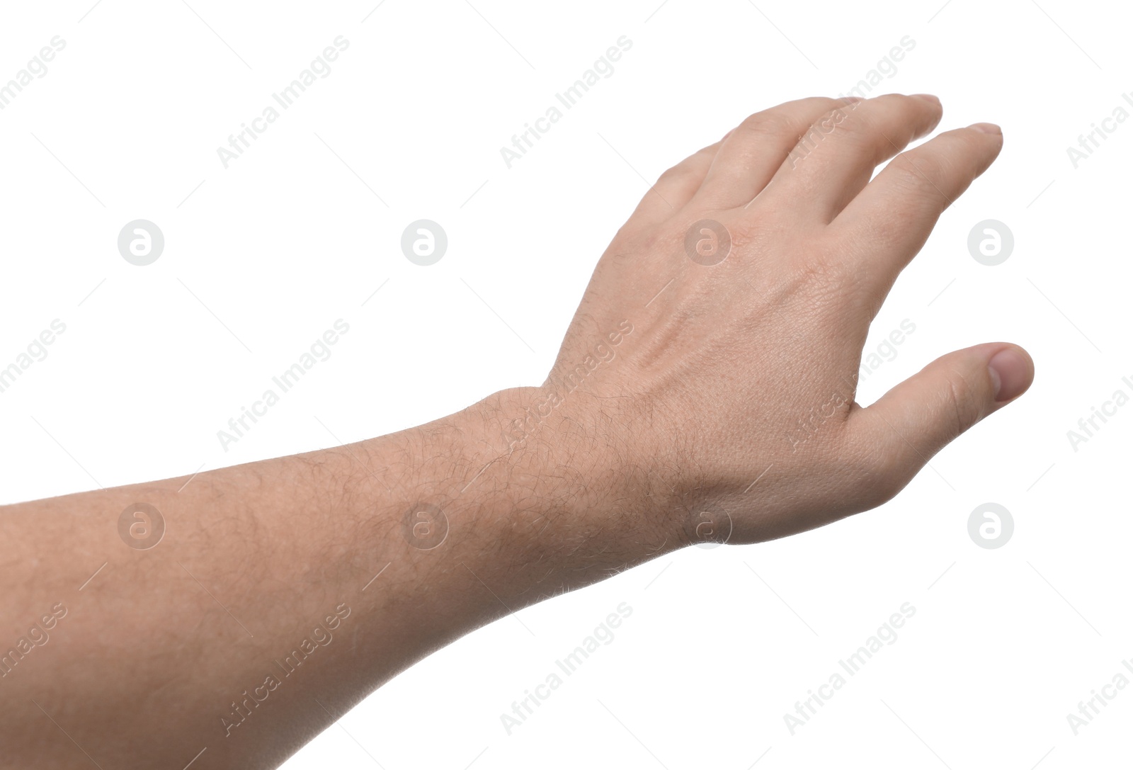 Photo of Man showing hand on white background, closeup