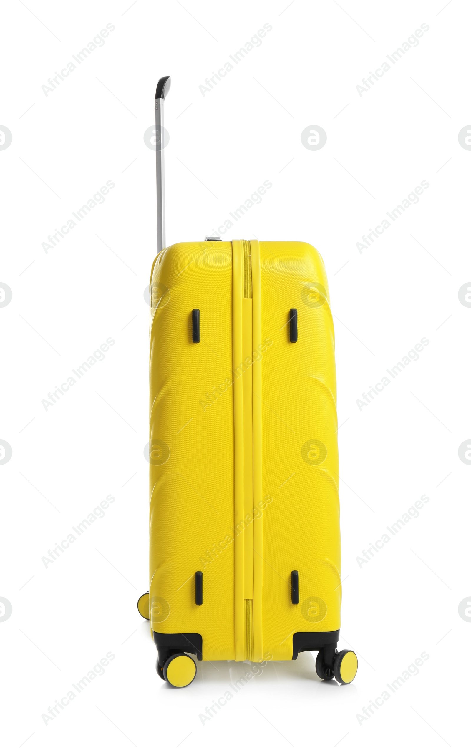 Photo of Yellow suitcase for travelling on white background