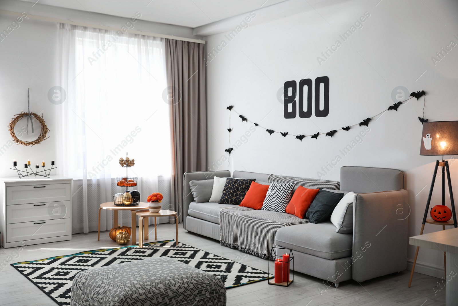 Photo of Modern room decorated for Halloween. Festive interior