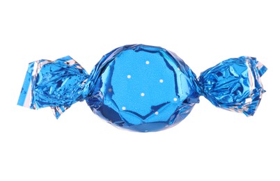 Photo of Candy in light blue wrapper isolated on white