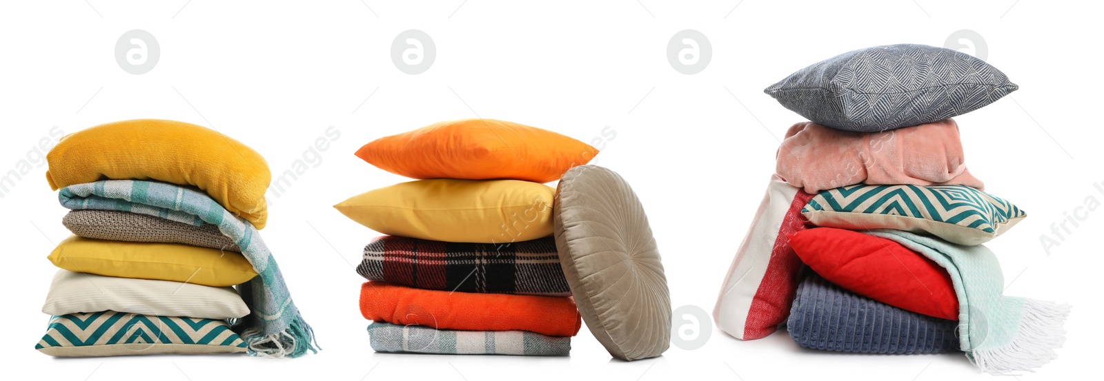 Image of Set with different stylish decorative pillows on white background. Banner design