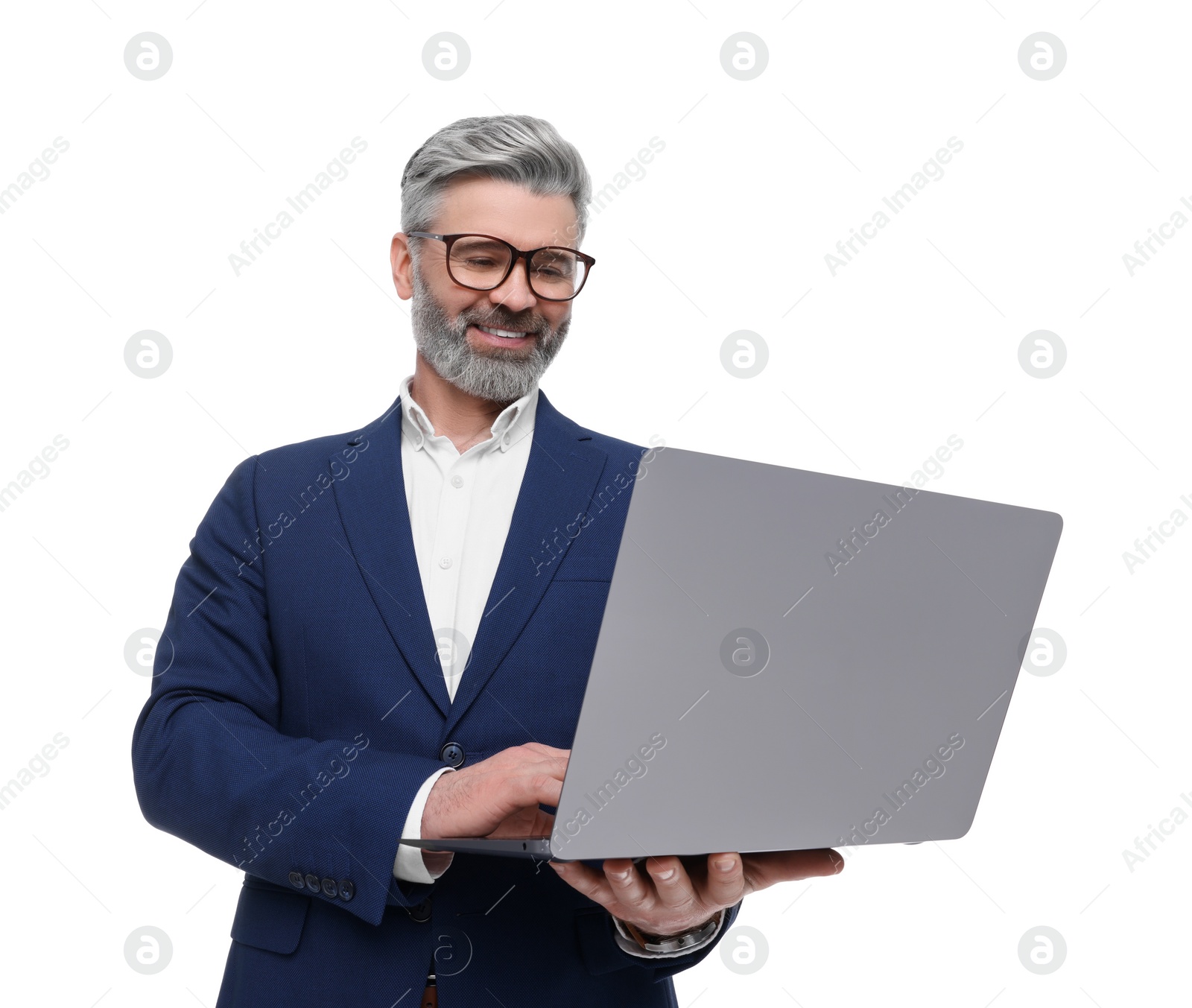 Photo of Mature businessman in stylish clothes with laptop on white background, low angle view