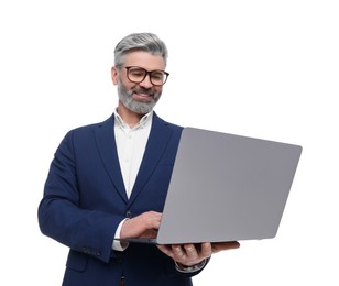 Photo of Mature businessman in stylish clothes with laptop on white background, low angle view