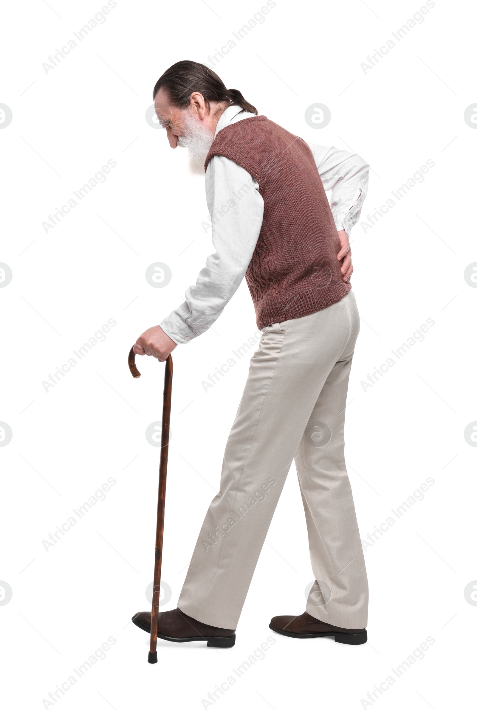 Photo of Senior man with walking cane on white background