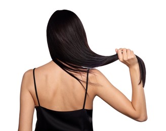 Photo of Woman with strong healthy hair on white background, back view