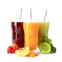 Photo of Delicious colorful juices in glasses and fresh ingredients on white background