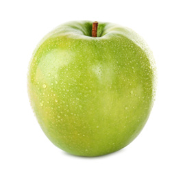 Photo of Fresh juicy green apple with water drops isolated on white