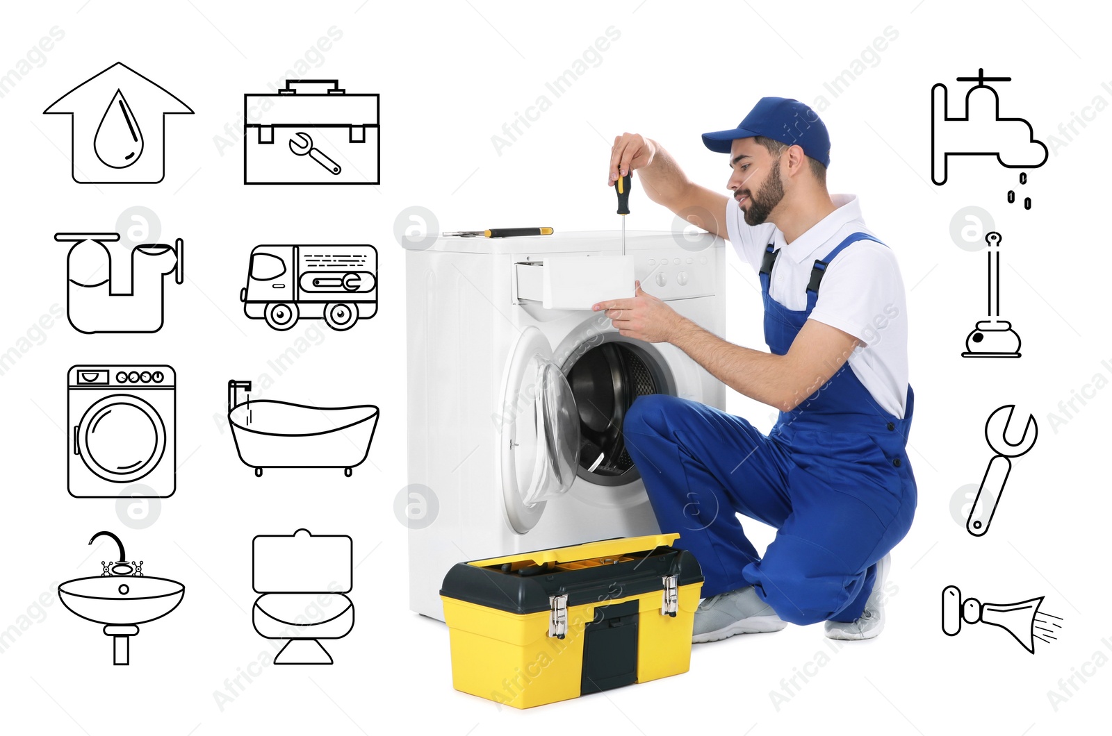 Image of Sanitary engineering service. Professional plumber repairing washing machine on white background