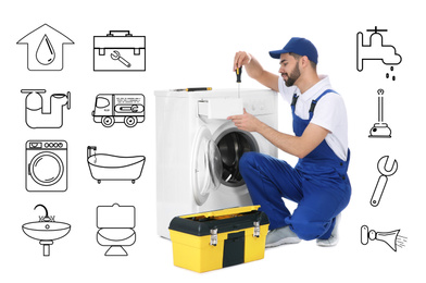 Image of Sanitary engineering service. Professional plumber repairing washing machine on white background