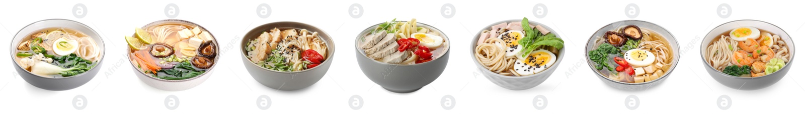 Image of Bowls of delicious ramen with different ingredients isolated on white, set. Noodle soup