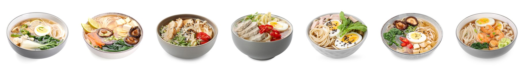 Image of Bowls of delicious ramen with different ingredients isolated on white, set. Noodle soup