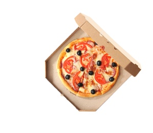 Open cardboard box with delicious pizza and space for text on white background, top view. Food delivery
