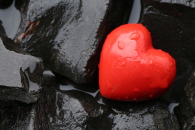 Photo of Red decorative heart on stones and water, top view. Space for text