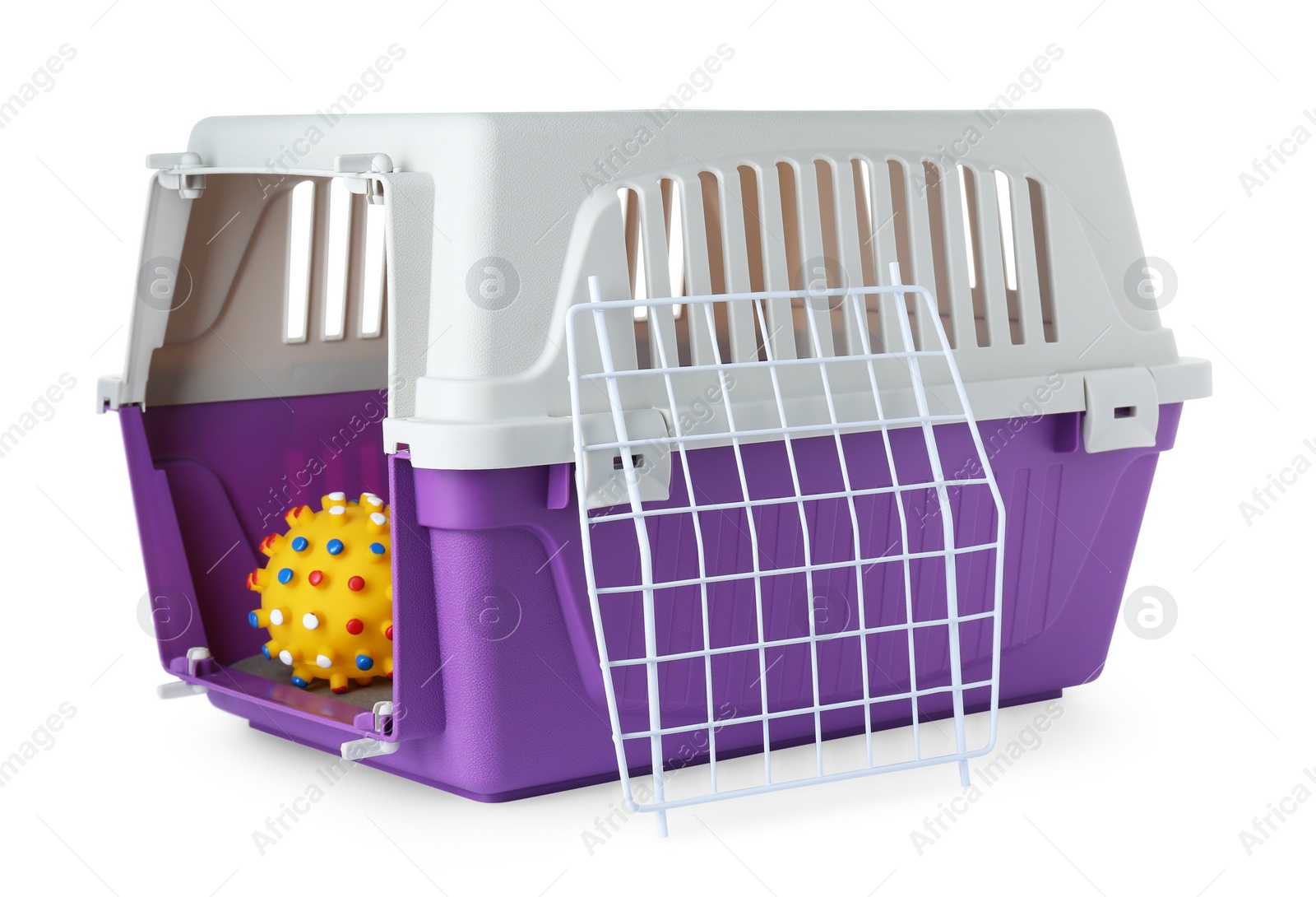 Photo of Violet pet carrier with toy isolated on white