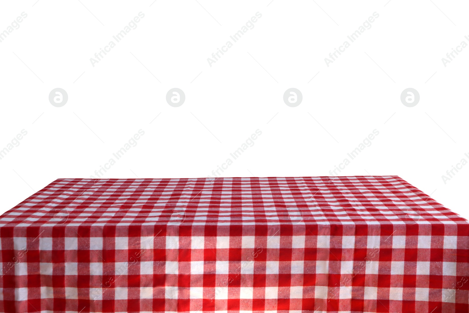 Photo of Table with checkered picnic cloth isolated on white