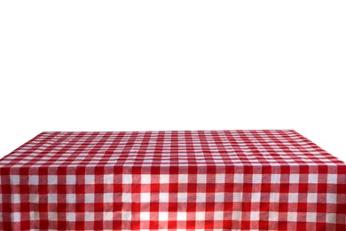 Table with checkered picnic cloth isolated on white