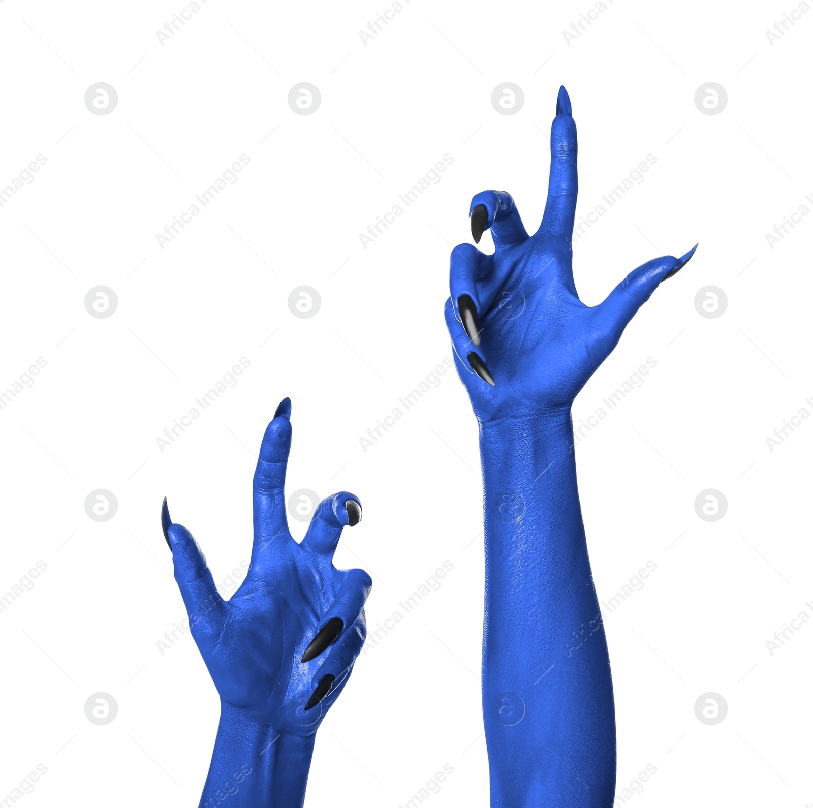 Image of Creepy monster. Blue hands with claws isolated on white