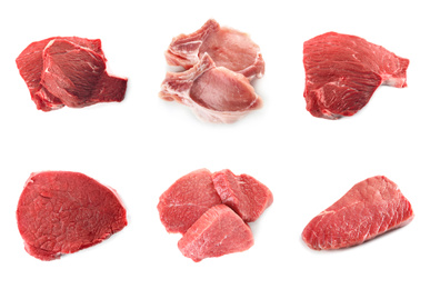 Image of Set with raw meat on white background, top view 