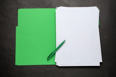 Photo of Light green file with blank sheets of paper and pen on black slate table, top view. Space for design