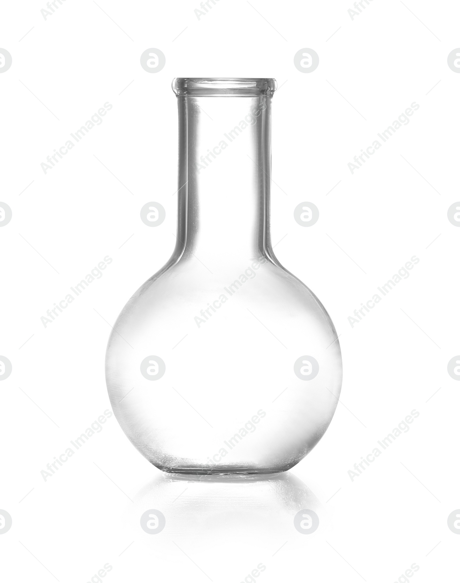 Photo of Empty Florence flask on white background. Chemistry glassware