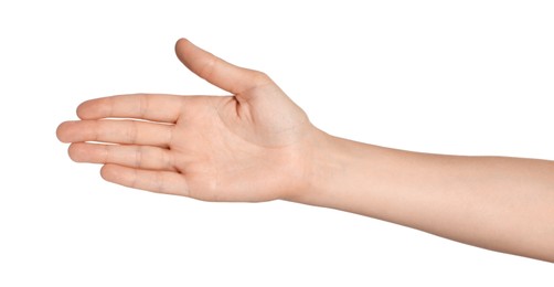 Woman holding out hand on white background, closeup