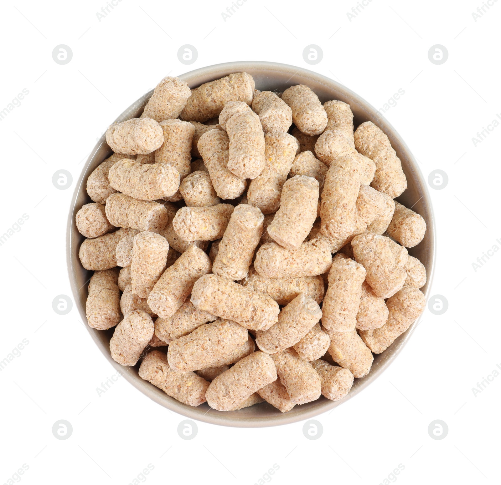 Photo of Granulated wheat bran in bowl on white background, top view