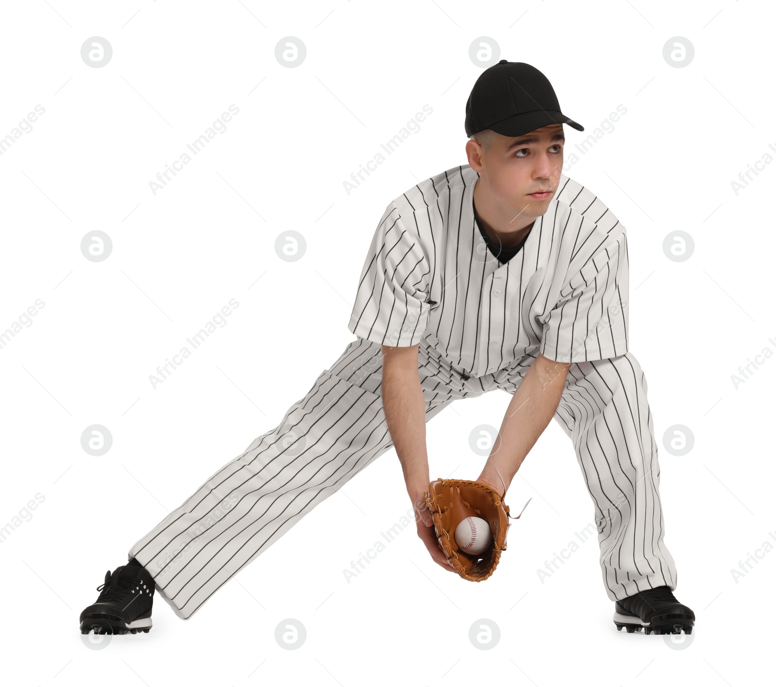 Photo of Baseball player with glove and ball on white background
