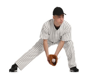 Baseball player with glove and ball on white background