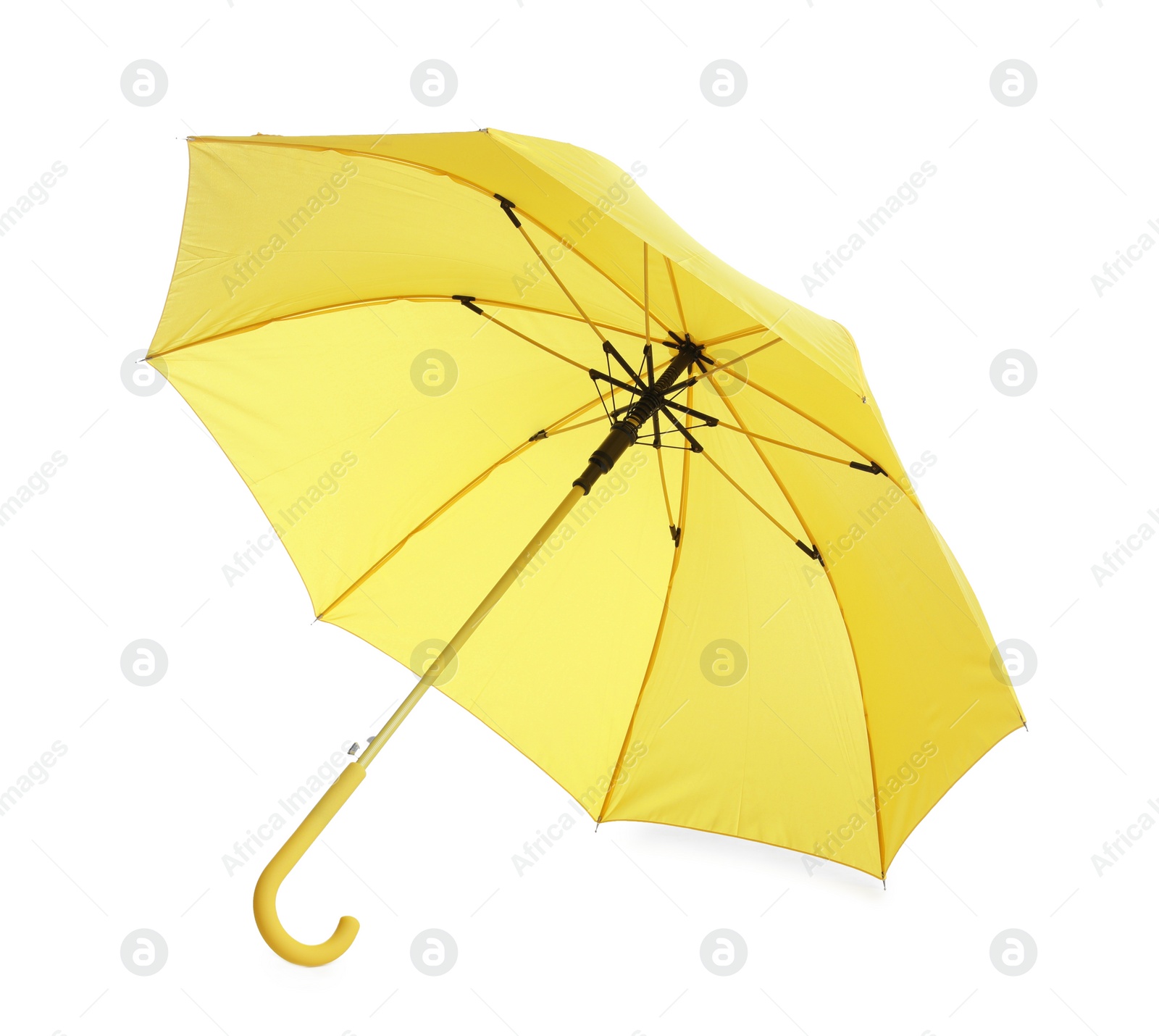 Photo of Stylish open yellow umbrella isolated on white