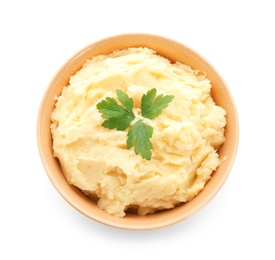 Photo of Bowl with tasty mashed potatoes on white background, top view