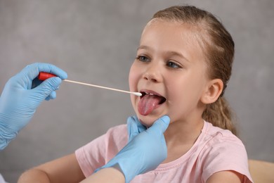 Doctor taking throat swab sample from girl`s oral cavity on grey background, closeup