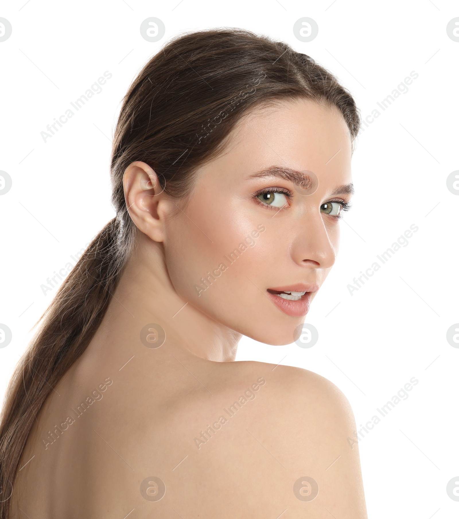 Photo of Portrait of young woman with beautiful face on white background