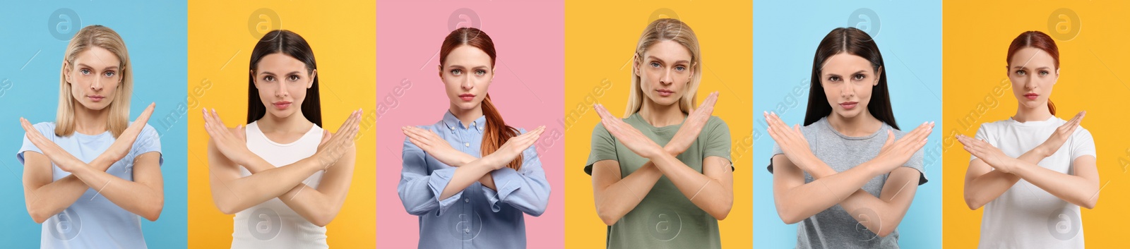 Image of Women showing stop gesture on different color backgrounds. Collage with photos