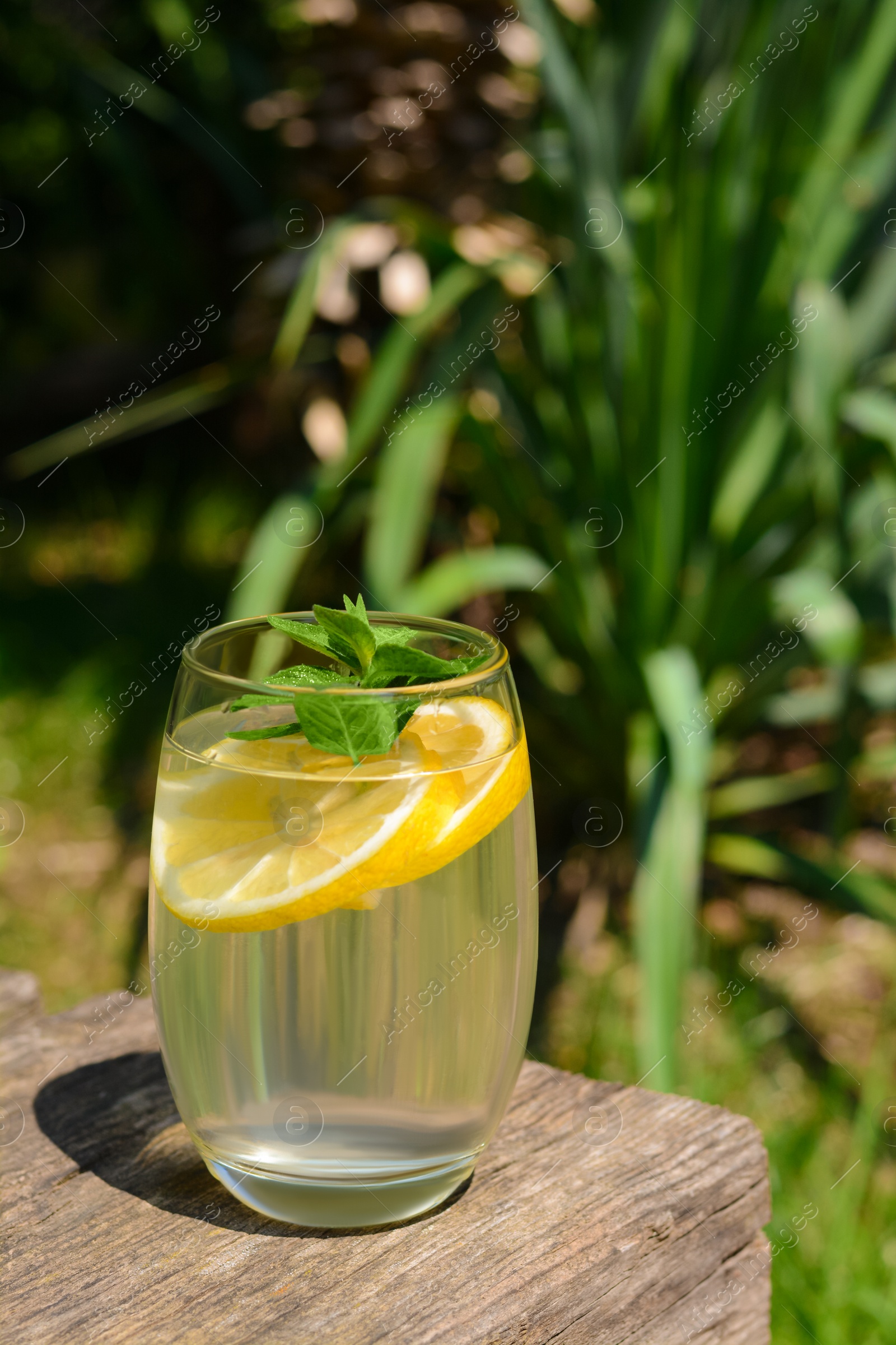 Photo of Refreshing water with lemon and mint on wooden table outdoors