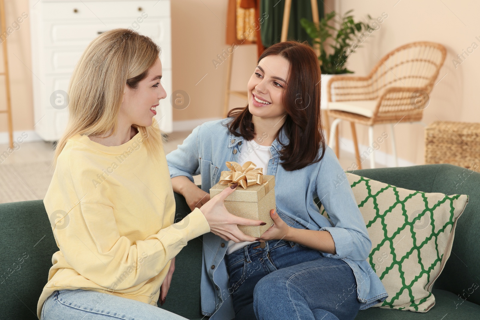 Photo of Smiling young woman presenting gift to her friend at home