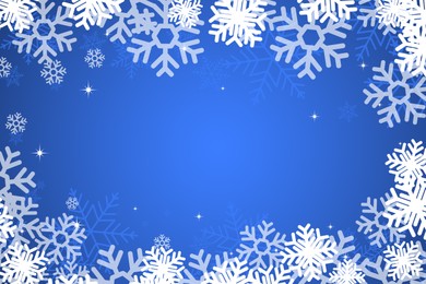Illustration of Frame made of snowflakes on blue background. Space for text