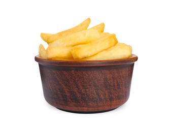 Photo of Bowl with delicious french fries on white background