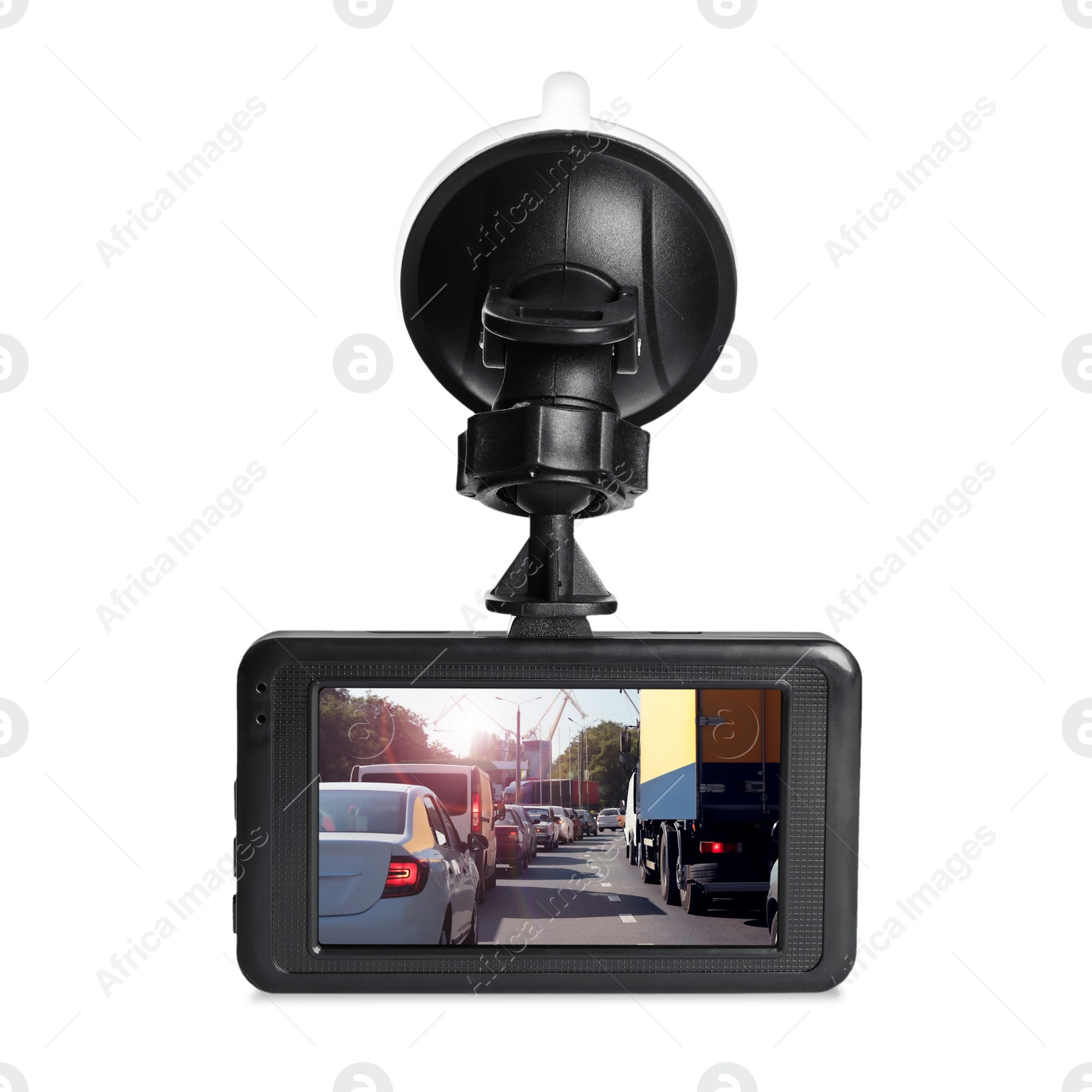 Image of Modern car dashboard camera with photo of road on screen against white background