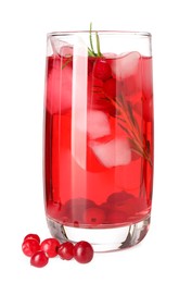 Tasty cranberry cocktail with ice cubes and rosemary in glass isolated on white
