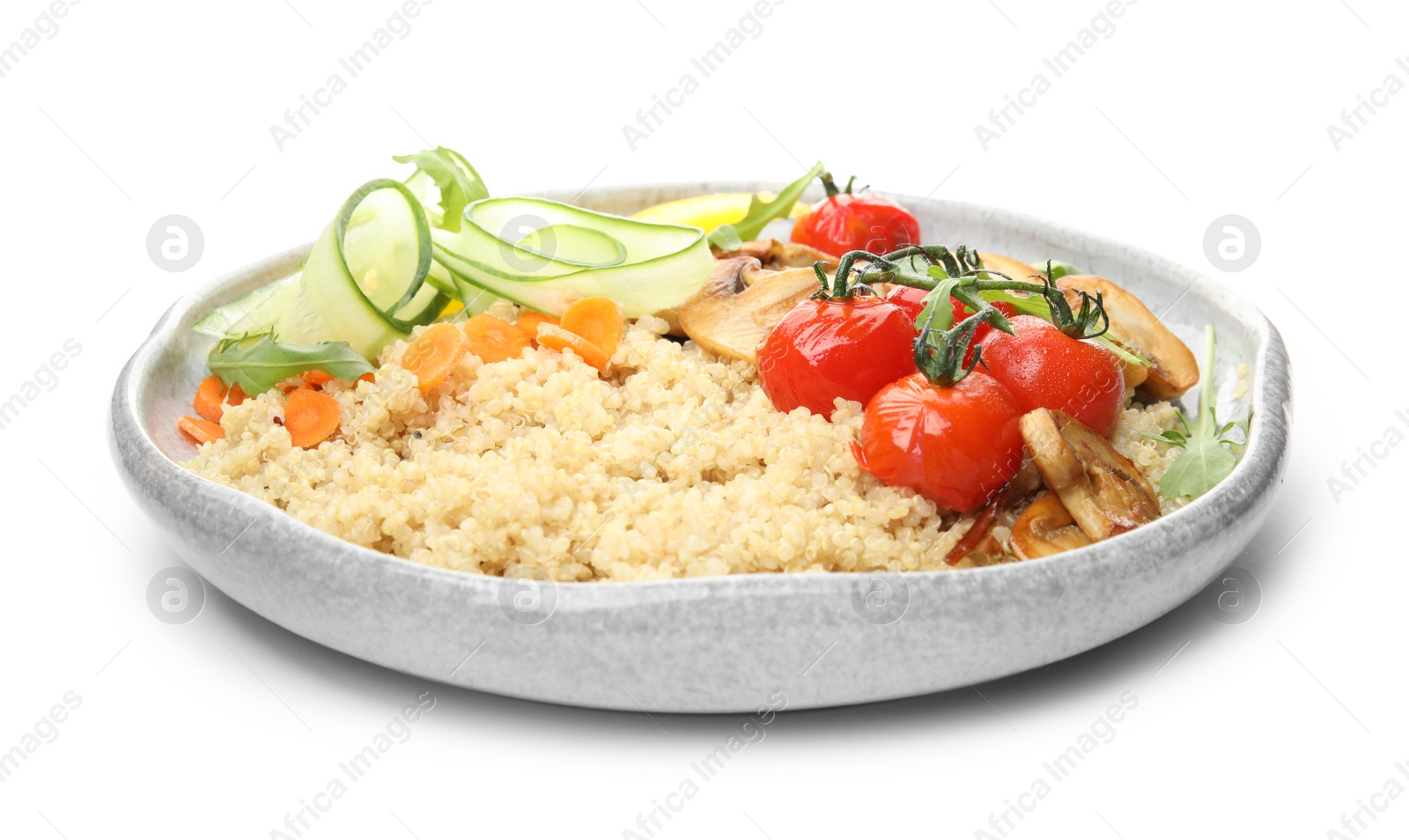 Photo of Plate of healthy quinoa salad with vegetables isolated on white