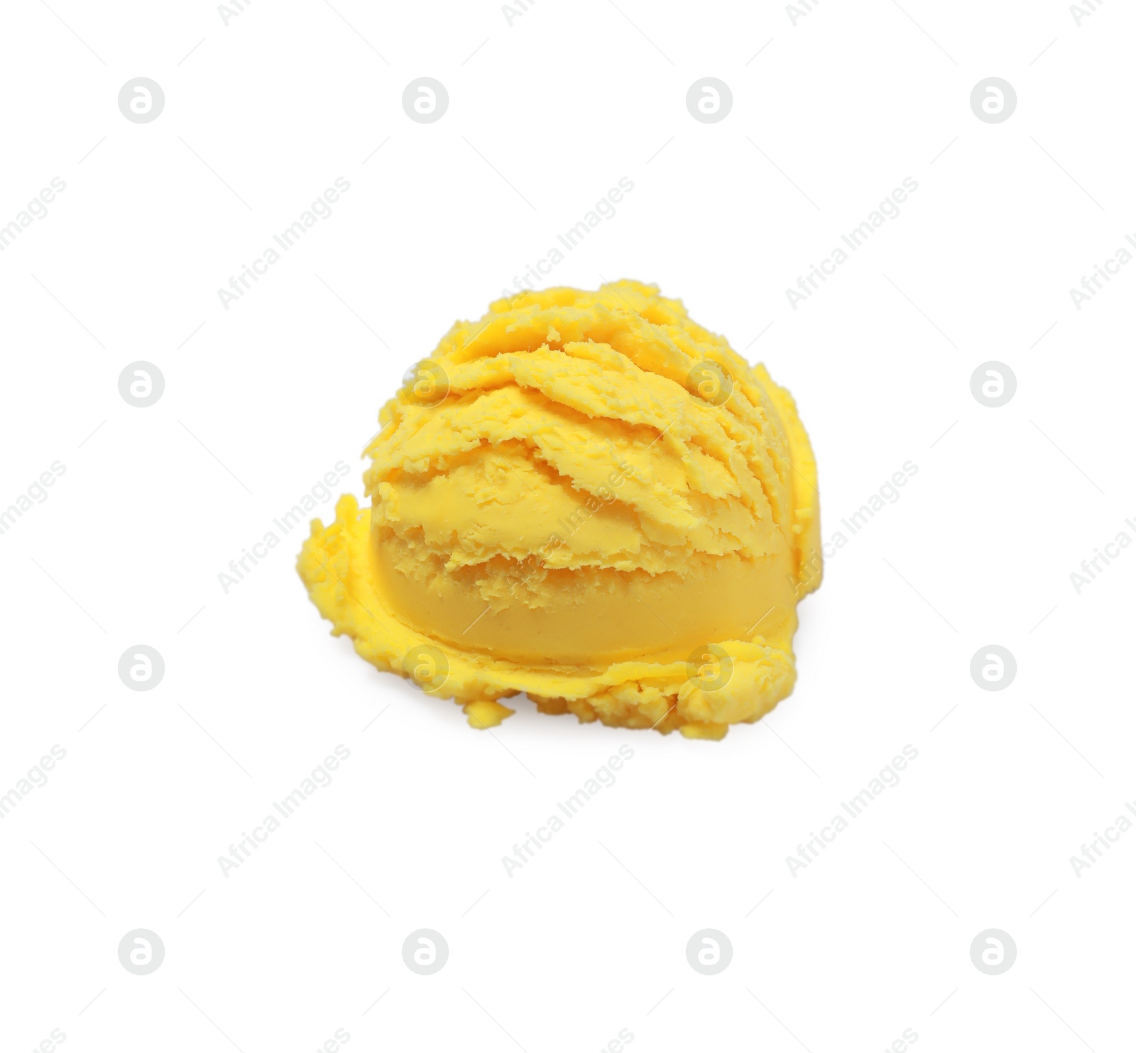 Photo of Scoop of tasty yellow ice cream isolated on white