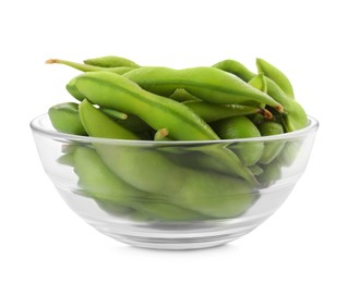 Bowl with green edamame pods on white background