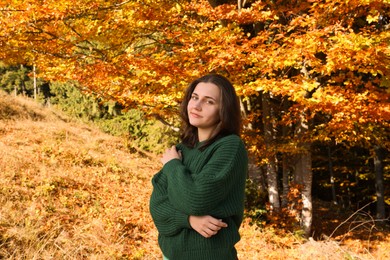 Portrait of beautiful young woman near forest in autumn