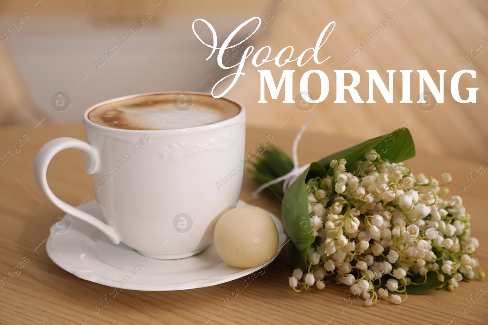 Image of Cup of aromatic morning coffee and flowers on wooden table. Good morning