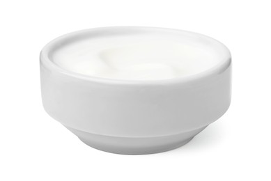 Photo of Delicious natural yogurt in bowl isolated on white