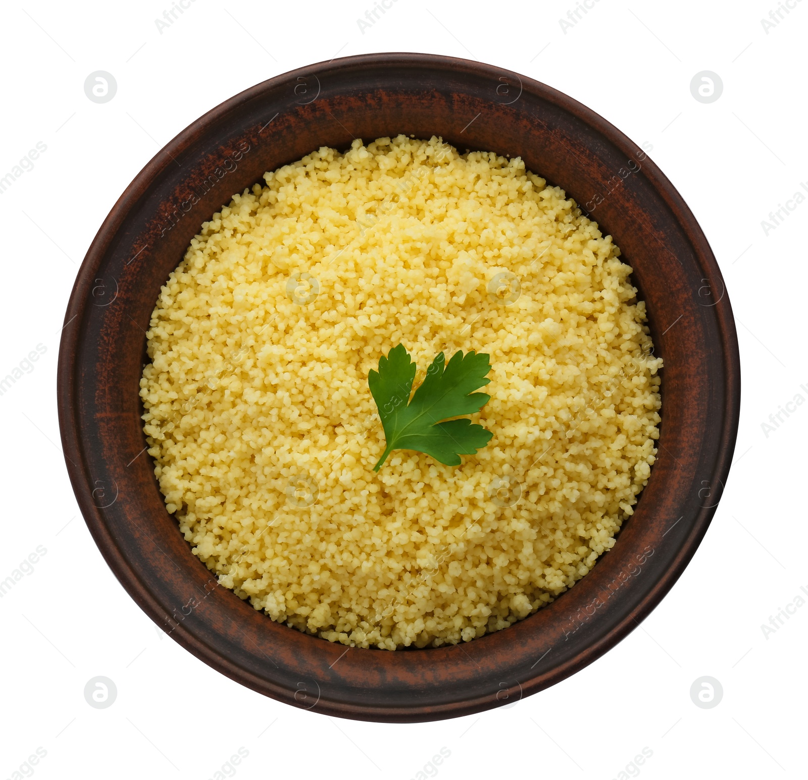 Photo of Tasty couscous with parsley on white background, top view