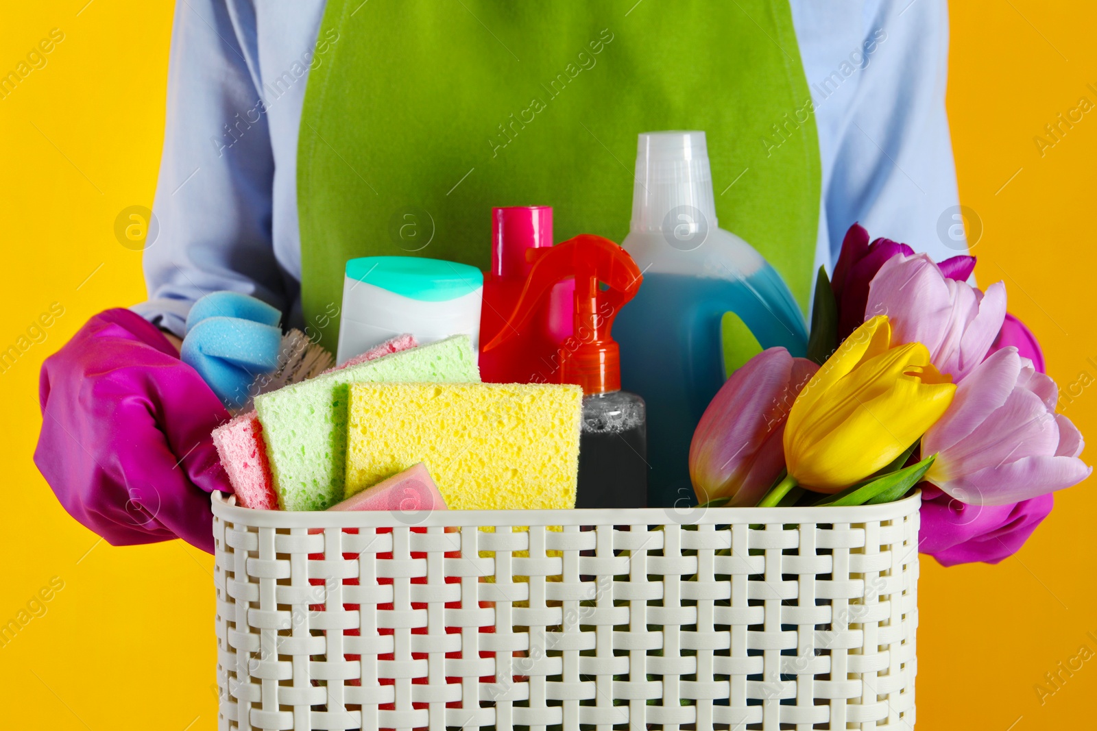 Photo of Spring cleaning. Woman holding basket with detergents, flowers and tools on orange background, closeup