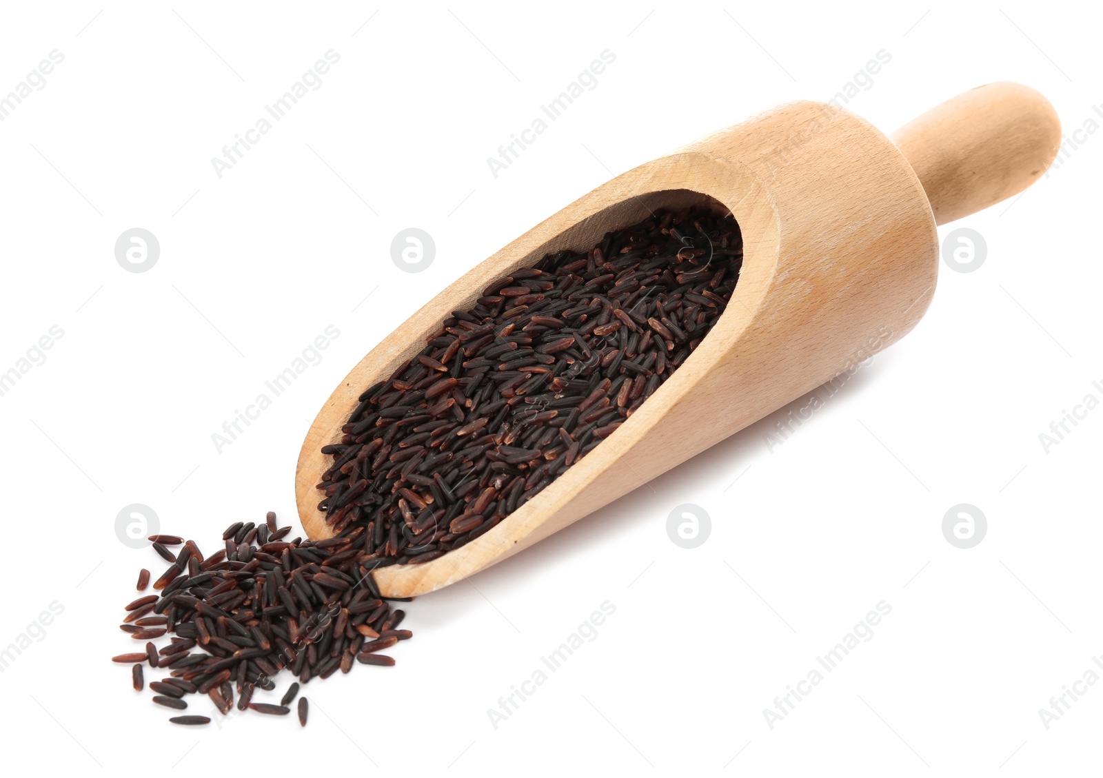 Photo of Scoop with uncooked black rice on white background